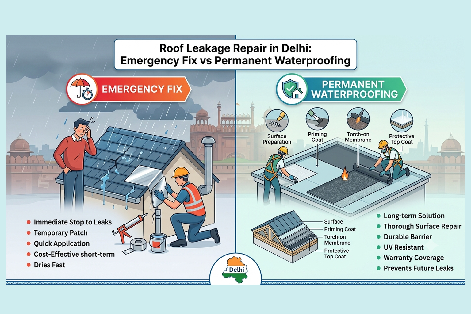 Roof Leakage Repair in Delhi: Emergency Fix vs Permanent Waterproofing